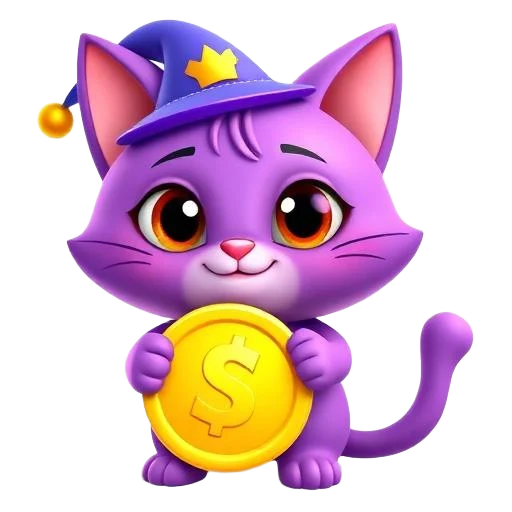 Fantasino purple cat mascot with golden coin